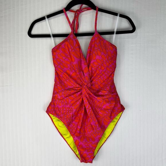 Trina Turk Trellis Plunge Vibrant Pink & Yellow One Piece Swimsuit Size 6 Luxury - Picture 2 of 5